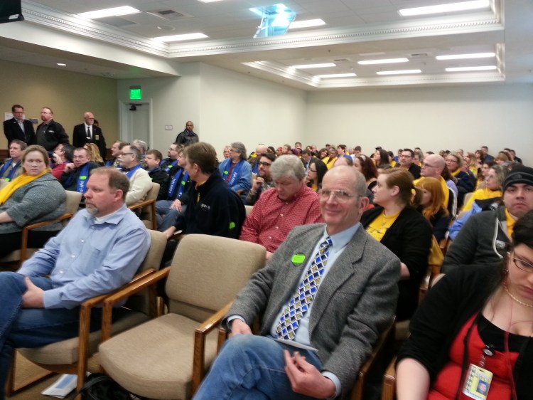 Don Orange (at front right), a small business owner from Vancouver, WA, spoke in favor of Family and Medical Leave Insurance 