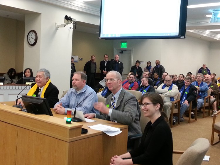Testifying before the Committee (from L to R): Frank Irigon (PSARA), Mark Barfield (father of 8), Don Orange (small business owner) and Sarah Francis (MomsRising)